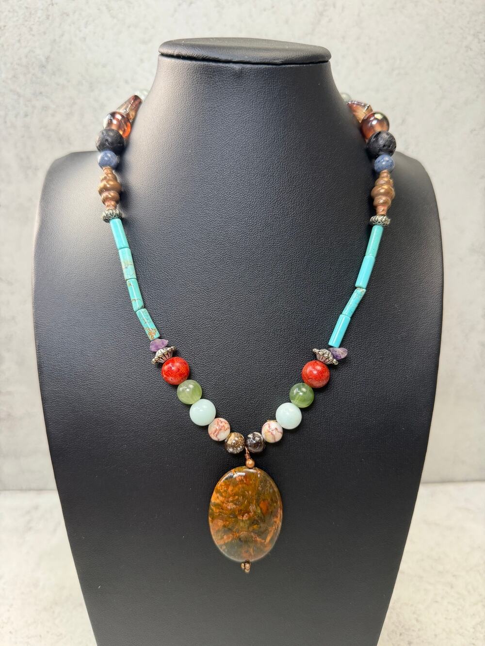 Stunning Moss Jasper Pendant and Gemstone Bead Boho Necklace Turquoise Amethyst